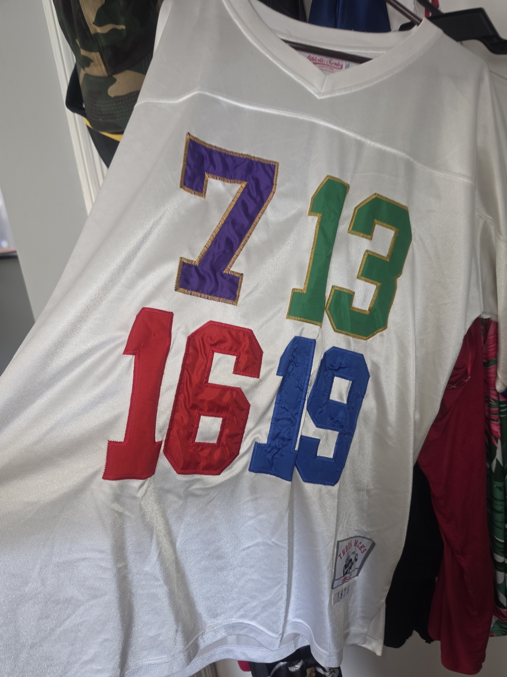 Source Unknown White Jersey with Multicolor Patch Numbers Authentic.